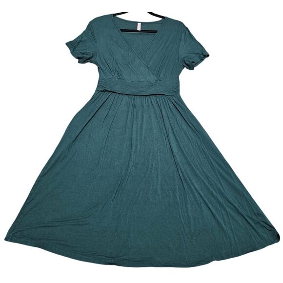 Green Short-Sleeve V-Neck Wrap Midi Dress By Weaczzy Medium - Picture 4 of 10